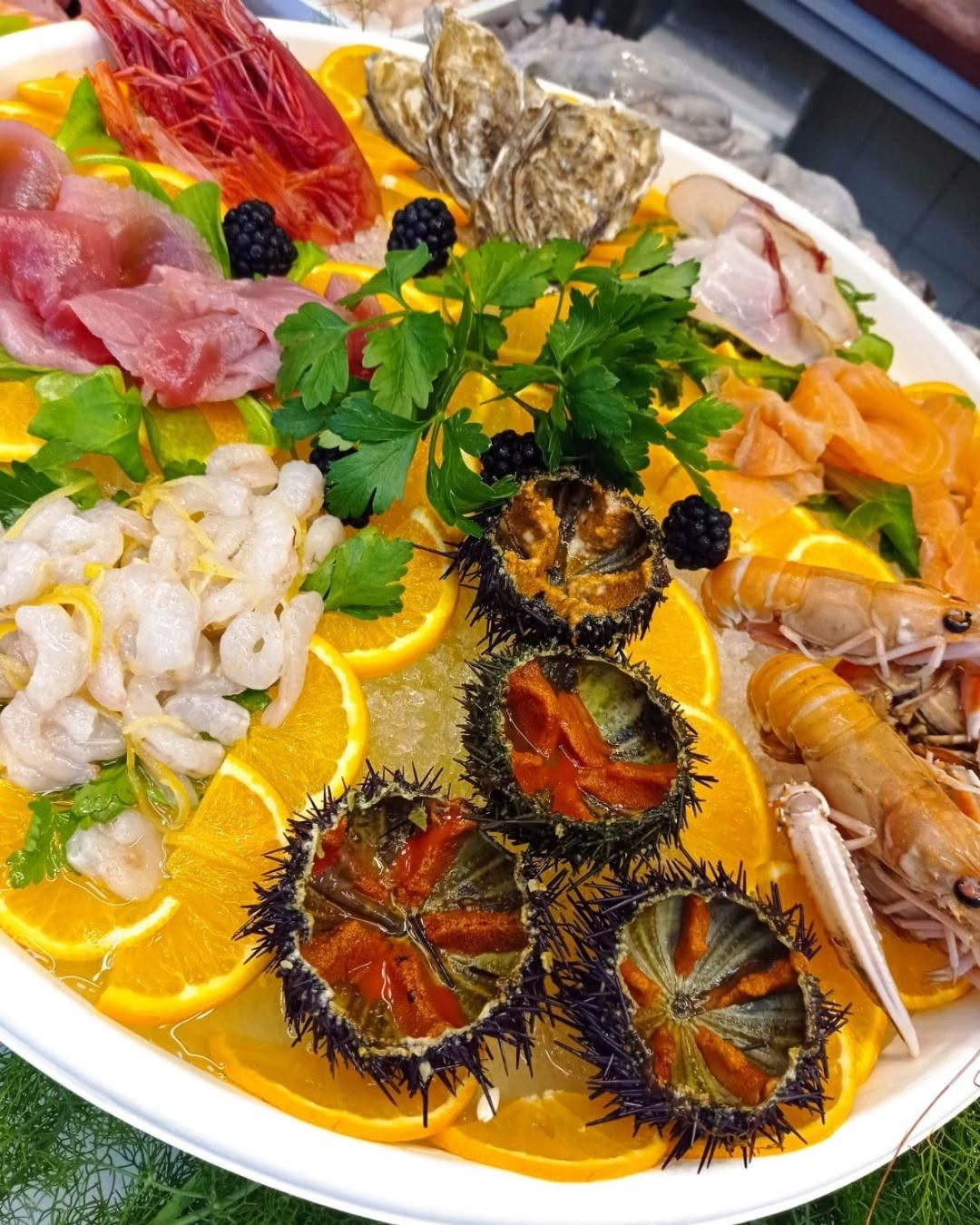 Composizione con ricci, carpacci e crostacei